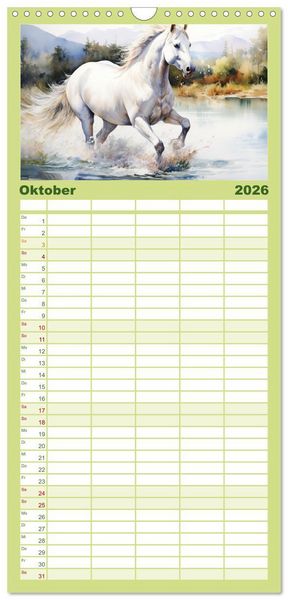 Produktbild: Familienplaner 2026 - Anmutige Schimmel. &Auml;sthetik Aquarell-Pferde mit 5 Spalten (Wandkalender, 21 x 45 cm) CALVENDO