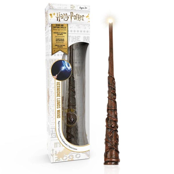 Harry Potter Zauberstab Hermione Granger mit LED-Lumos-Spitze, Handbemalt aus Harz, Inklusive App für Lichtzauber & Duelle