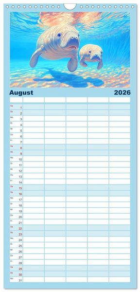 Produktbild: Familienplaner 2026 - Manatee Paintings. Rundschwanzseek&uuml;he im &Ouml;lgem&auml;lde-Stil mit 5 Spalten (Wandkalender, 21 x 45 cm) CALVENDO