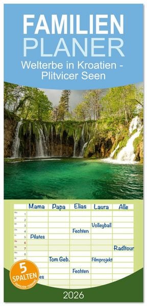 Produktbild: Familienplaner 2026 - Welterbe in Kroatien - Plitvicer Seen mit 5 Spalten (Wandkalender, 21 x 45 cm) CALVENDO