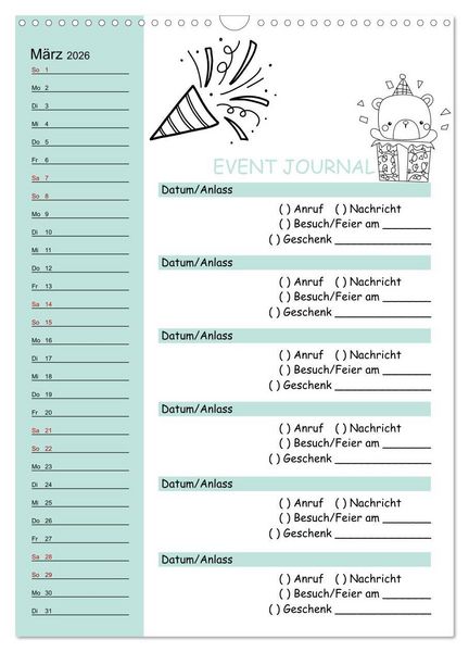 Produktbild: Geburtstagsplaner Doodle Tiere - F&uuml;r Termine, Geschenke, Eventdetails & mehr (Wandkalender 2026 DIN A3 hoch), CALVENDO Monatskalender