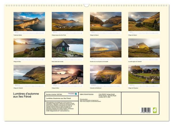 Produktbild: Lumi&egrave;res d'automne aux &icirc;les F&eacute;ro&eacute; (Calendrier mural 2026 DIN A2 vertical), CALVENDO calendrier mensuel