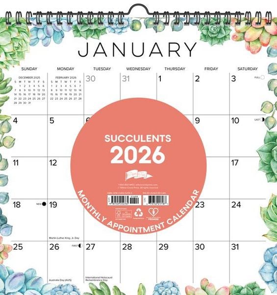 Produktbild: Succulents 2026 12 X 12 Spiral Wall Calendar