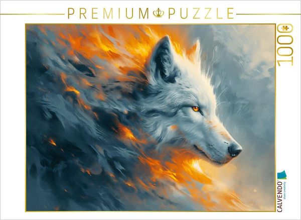CALVENDO Puzzle Flammenweiß: Die Eleganz des weißen Wolfs im Feuerspiel | 1000 Teile Lege-Größe 64x48cm Foto-Puzzle für glückliche Stunden