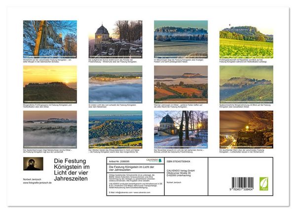 Produktbild: Die Festung K&ouml;nigstein im Licht der vier Jahreszeiten (hochwertiger Premium Wandkalender 2026 DIN A2 quer), Kunstdruck in Hochglanz