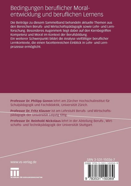 Produktbild: Bedingungen beruflicher Moralentwicklung und beruflichen Lernens
