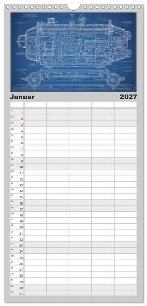 Produktbild: Familienplaner 2027 - Steampunk - Blaupausen mit 5 Spalten (Wandkalender, 21 x 45 cm) CALVENDO