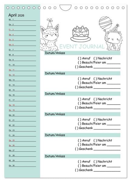 Produktbild: Geburtstagsplaner Doodle Tiere - F&uuml;r Termine, Geschenke, Eventdetails & mehr (Wandkalender 2026 DIN A4 hoch), CALVENDO Monatskalender