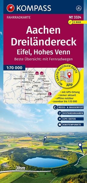 Produktbild: KOMPASS Fahrradkarte 3324 Aachen, Dreil&auml;ndereck, Eifel, Hohes Venn mit Knotenpunkten 1:70.000