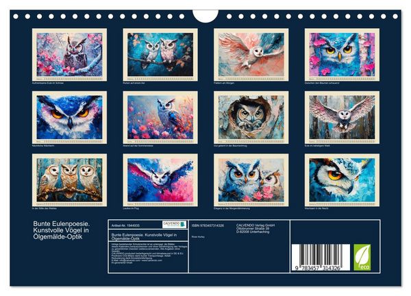 Produktbild: Bunte Eulenpoesie. Kunstvolle V&ouml;gel in &Ouml;lgem&auml;lde-Optik (Wandkalender 2026 DIN A4 quer), CALVENDO Monatskalender