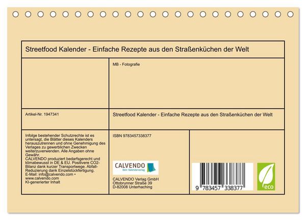 Produktbild: Streetfood Kalender - Einfache Rezepte aus den Stra&szlig;enk&uuml;chen der Welt (Tischkalender 2026 DIN A5 quer), CALVENDO Monatskalender