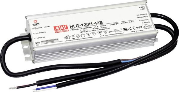Produktbild: MEAN WELL HLG-120H-24B LED-Treiber, LED-Trafo Konstantspannung, Konstantstrom 120 W 5 A 12 - 24 V/DC dimmbar, PFC-Schaltkreis, &Uuml;berlastschutz 1 St.
