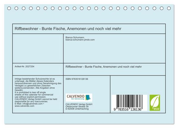 Produktbild: Riffbewohner - Bunte Fische, Anemonen und noch viel mehr (Tischkalender 2026 DIN A5 quer), CALVENDO Monatskalender