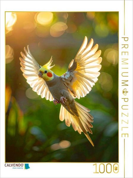 CALVENDO Puzzle Beleuchteter Flug eines Nymphensittichs | 1000 Teile Lege-Größe 64 × 48 cm Foto-Puzzle für glückliche Stunden