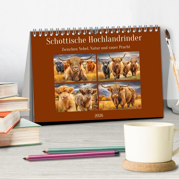 Produktbild: Schottische Hochlandrinder. Zwischen Nebel, Natur und rauer Pracht (Tischkalender 2026 DIN A5 quer), CALVENDO Monatskalender