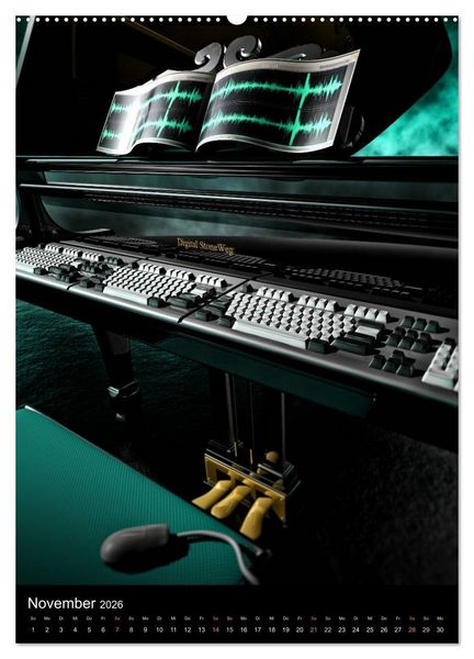 Produktbild: VIRTUAL MUSIC - Musikinstrumente in Hyperrealistischen Illustrationen (Wandkalender 2026 DIN A2 hoch), CALVENDO Monatskalender