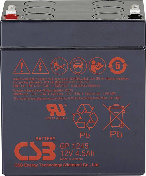 CSB Battery GP 1245 Standby USV GP1245F1 Bleiakku 12 V 4.5 Ah Blei-Vlies (AGM) (B x H x T) 93 x 108 x 70 mm Flachstecker