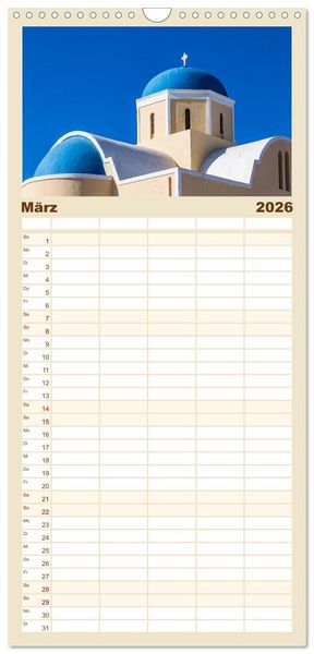 Produktbild: Familienplaner 2026 - Santorini - K&ouml;nigin der Kykladen mit 5 Spalten (Wandkalender, 21 x 45 cm) CALVENDO