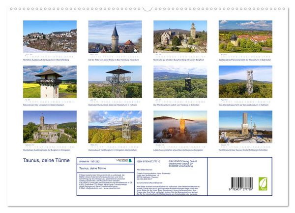 Produktbild: Taunus, deine T&uuml;rme (hochwertiger Premium Wandkalender 2026 DIN A2 quer), Kunstdruck in Hochglanz
