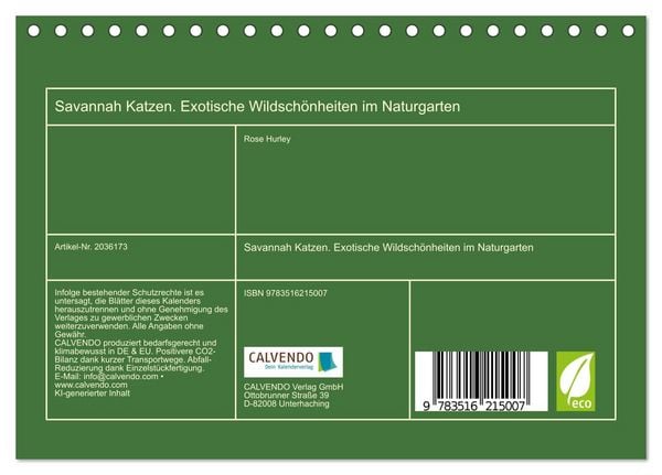 Produktbild: Savannah Katzen. Exotische Wildsch&ouml;nheiten im Naturgarten (Tischkalender 2026 DIN A5 quer), CALVENDO Monatskalender