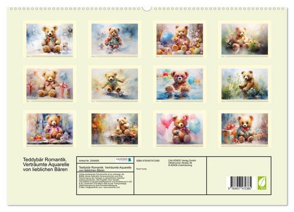 Produktbild: Teddyb&auml;r Romantik. Vertr&auml;umte Aquarelle von lieblichen B&auml;ren (hochwertiger Premium Wandkalender 2026 DIN A2 quer), Kunstdruck in Hochglanz
