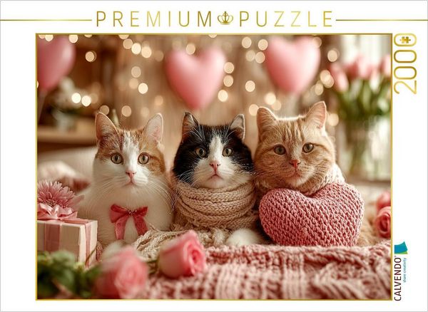 CALVENDO Puzzle Valentinstag Katzen mit Herzen und Rosen | 2000 Teile Lege-Größe 90x67cm Foto-Puzzle für glückliche Stunden