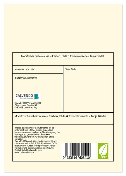 Produktbild: Moorfrosch Geheimnisse &ndash; Farben, Flirts & Froschkonzerte - Tanja Riedel (Tischkalender 2026 DIN A5 hoch), CALVENDO Monatskalender
