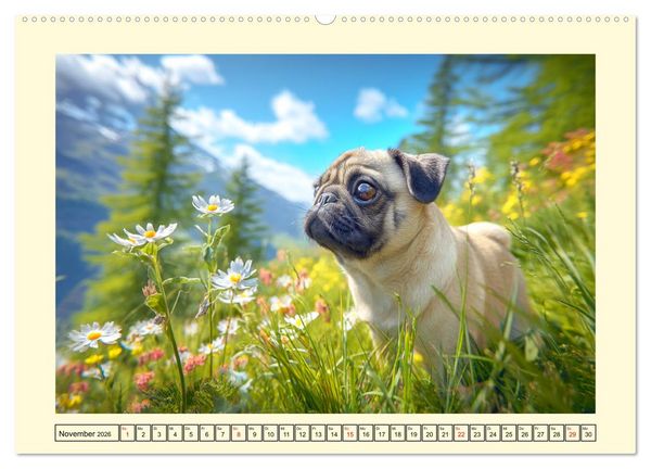 Produktbild: Mops trifft Berglust. Fidele Gipfelst&uuml;rmer im H&ouml;henrausch (hochwertiger Premium Wandkalender 2026 DIN A2 quer), Kunstdruck in Hochglanz