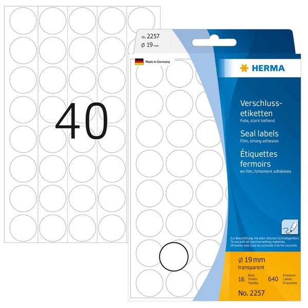 Produktbild: HERMA Verschlussetiketten &Oslash; 19 mm, 640 Etiketten, 16 Blatt, rund, transparente Folie, extrem stark haftend, zur Handbeschriftung