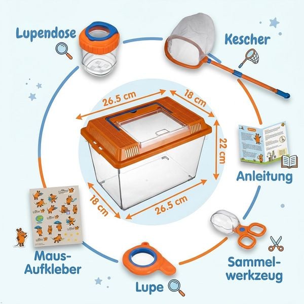 Produktbild: Bresser 11040 - DieMaus Outdoor-Set mit Terrarium, Kescher, Lupe, Lupendose, Sammelwerkzeug, Aufkleber