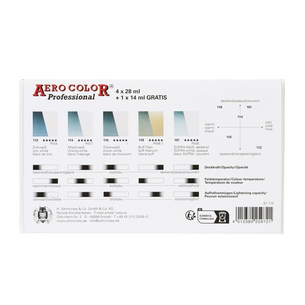 Produktbild: Schmincke AEROCOLOR Kartonset, 4 x 28 ml + 1 x 14 ml Wei&szlig;