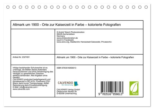Produktbild: Altmark um 1900 - Orte zur Kaiserzeit in Farbe &ndash; kolorierte Fotografien (Tischkalender 2027 DIN A5 quer), CALVENDO Monatskalender
