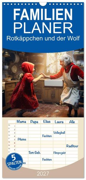 Produktbild: Familienplaner 2027 - Rotk&auml;ppchen und der Wolf mit 5 Spalten (Wandkalender, 21 x 45 cm) CALVENDO