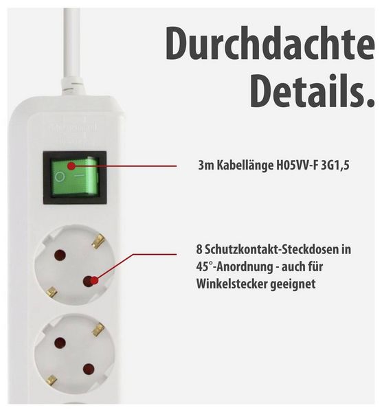 Produktbild: Brennenstuhl 1159320018 Steckdosenleiste mit Schalter 8fach Wei&szlig; Schutzkontakt 1St.