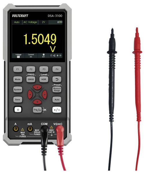 Produktbild: VOLTCRAFT DSA-3100 Hand-Oszilloskop 100 MHz 2-Kanal 500 MSa/s 8 kpts 8 Bit Handger&auml;t, Multimeter-Funktionen, Spectrum-Analyser 1 St.