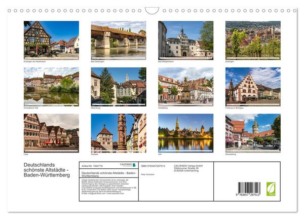 Produktbild: Deutschlands sch&ouml;nste Altst&auml;dte - Baden-W&uuml;rttemberg (Wandkalender 2026 DIN A3 quer), CALVENDO Monatskalender