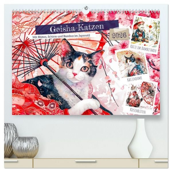 Produktbild: Geisha-Katzen - Mit Bl&uuml;ten, Schirm und Bambus im Japanstil (hochwertiger Premium Wandkalender 2026 DIN A2 quer), Kunstdruck in Hochglanz