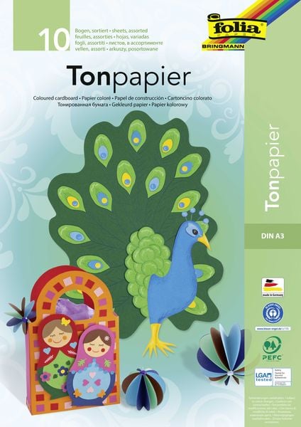 Folia Tonpapierblock 130g/m² DIN A3, 10 Bogen, 10-farbig sortiert