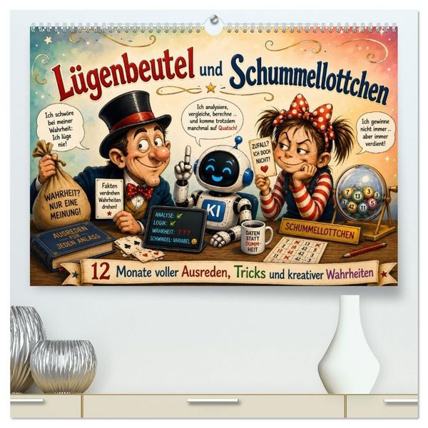 Produktbild: L&uuml;genbeutel und Schummellottchen - 12 Monate voller Ausreden, Tricks und kreativer Wahrheiten (hochwertiger Premium Wandkalender 2027 DIN A2 quer), Kunstdruck in Hochglanz