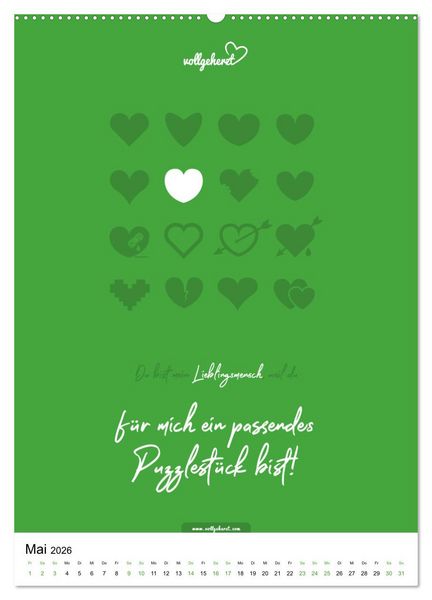 Produktbild: vollgeherzt: Lieblingsmensch-Kalender - Der Wandkalender als Geschenk f&uuml;r ganz besondere Menschen (Wandkalender 2026 DIN A2 hoch), CALVENDO Monatskalender