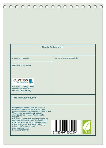Produktbild: Tiere im Farbenrausch (Tischkalender 2026 DIN A5 hoch), CALVENDO Monatskalender