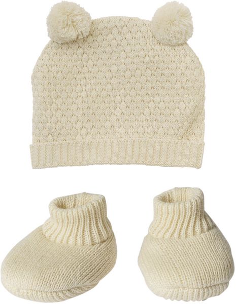 Puppen-Strickset mit Bommelmütze und Strickschuhen aus 100 % Bio-Baumwolle, ecru