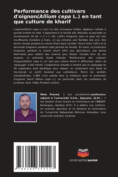 Produktbild: Performance des cultivars d'oignon(Allium cepa L.) en tant que culture de kharif