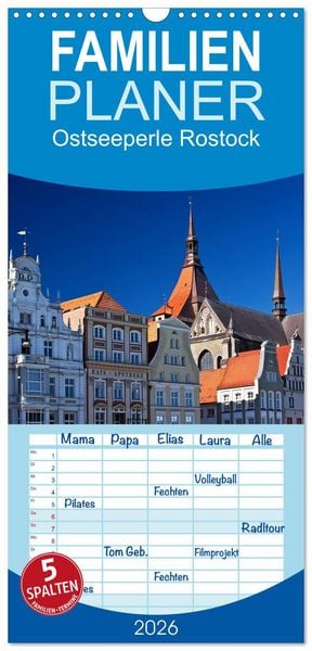 Produktbild: Familienplaner 2026 - Ostseeperle Rostock mit 5 Spalten (Wandkalender, 21 x 45 cm) CALVENDO