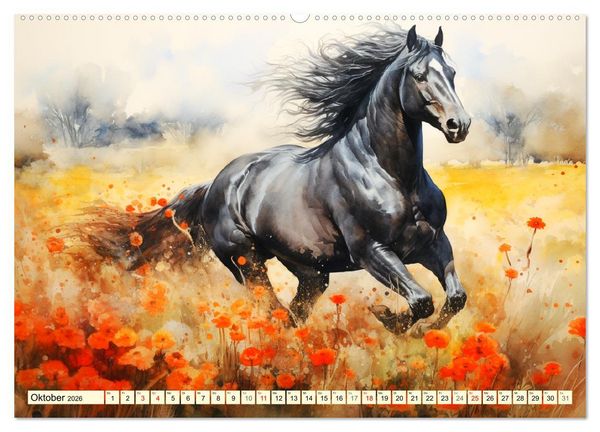Produktbild: Pferde. Romantische Aquarelle von schwarzen Sch&ouml;nheiten (hochwertiger Premium Wandkalender 2026 DIN A2 quer), Kunstdruck in Hochglanz
