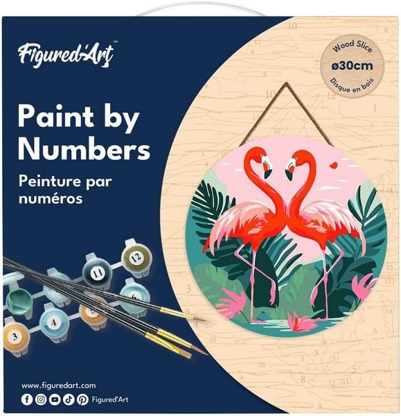 Produktbild: FiguredArt RFA026 - Malen nach Zahlen, Tropische Flamingos, Holzscheibe (30cm), Malset, Paint by Numbers