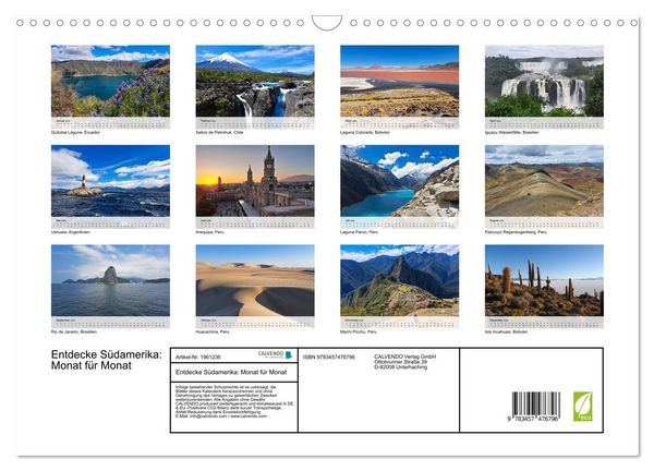 Produktbild: Entdecke S&uuml;damerika: Monat f&uuml;r Monat (Wandkalender 2026 DIN A3 quer), CALVENDO Monatskalender