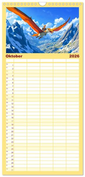 Produktbild: Familienplaner 2026 - Abenteuer mit Dinosauriern - Tolle Dino-Freunde f&uuml;r das Jahr mit 5 Spalten (Wandkalender, 21 x 45 cm) CALVENDO