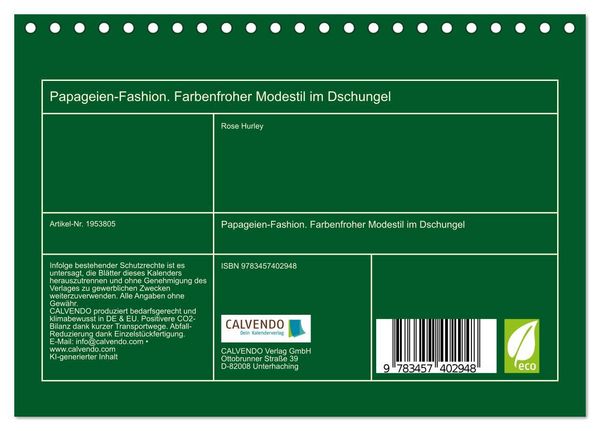Produktbild: Papageien-Fashion. Farbenfroher Modestil im Dschungel (Tischkalender 2026 DIN A5 quer), CALVENDO Monatskalender