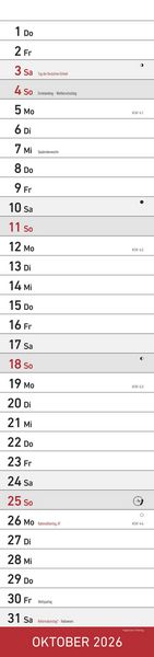 Produktbild: Streifenplaner XL ROT 2026 - Streifenkalender 15x64 cm - Wandplaner - Küchenkalender - schmales Design - eine Spalte - Langplaner